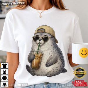 Neil The Seal Drinking Iced Coffee Animal Meme T Shirt (3)