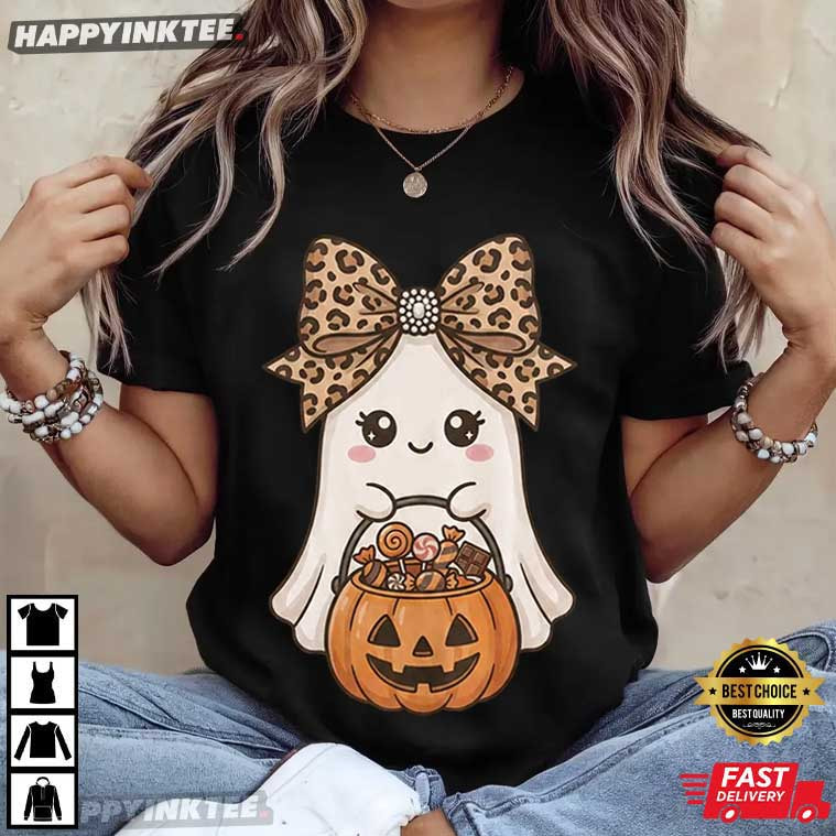 Cute Ghost Leopard Bow Girly Halloween Gift for Her T-Shirt Cute Ghost Leopard Bow Girly Halloween Gift for Her T-Shirt