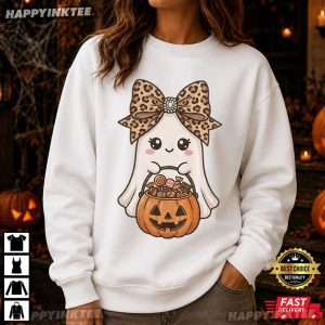 Cute Ghost Leopard Bow Girly Halloween Gift for Her T Shirt (1)