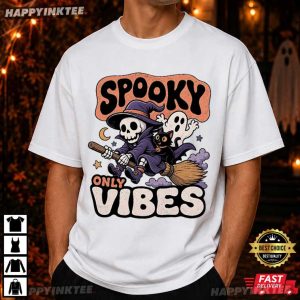 Spooky Vibes Only Skeleton Witch Broom Black Cat Ghost Halloween T Shirt (4)