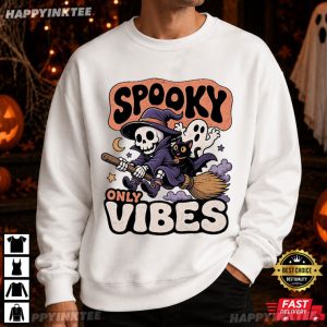 Spooky Vibes Only Skeleton Witch Broom Black Cat Ghost Halloween T Shirt (1)
