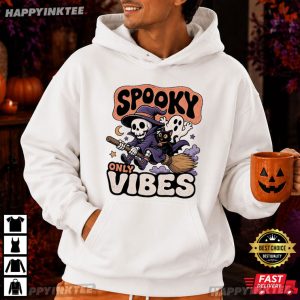Spooky Vibes Only Skeleton Witch Broom Black Cat Ghost Halloween T Shirt (2)