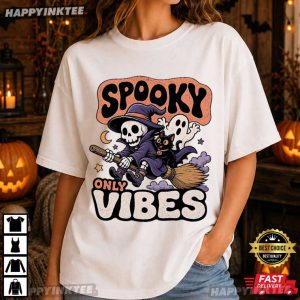 Spooky Vibes Only Skeleton Witch Broom Black Cat Ghost Halloween T Shirt (3)