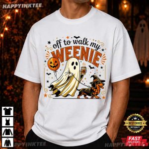 Off to Walk My Weenie Funny Ghost Dachshund Halloween T Shirt (1)