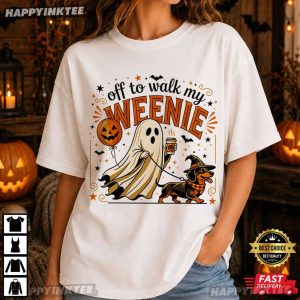 Off to Walk My Weenie Funny Ghost Dachshund Halloween T Shirt (2)