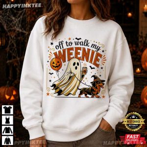Off to Walk My Weenie Funny Ghost Dachshund Halloween T Shirt (3)