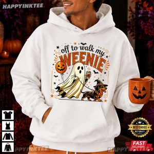 Off to Walk My Weenie Funny Ghost Dachshund Halloween T Shirt (4)
