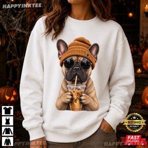 Cool French Bulldog Wearing Beanie Drinking Iced Coffee T Shirt (2)