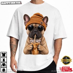 Cool French Bulldog Wearing Beanie Drinking Iced Coffee T Shirt (3)