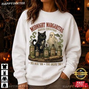 Midnight Margaritas Magical Concoctions Black Cat Cocktail Spooky T Shirt (2)
