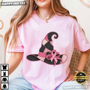 Breast Cancer Awareness Pink Witch Hat Halloween Faux Patchwork T Shirt (4)