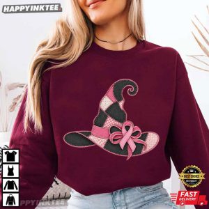 Breast Cancer Awareness Pink Witch Hat Halloween Faux Patchwork T Shirt (1)