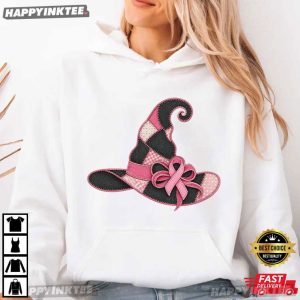 Breast Cancer Awareness Pink Witch Hat Halloween Faux Patchwork T Shirt (2)