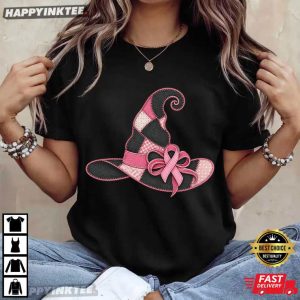 Breast Cancer Awareness Pink Witch Hat Halloween Faux Patchwork T Shirt (3)