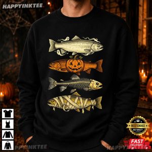 Trout Fish Ghost Pumpkin Skeleton Mummy Halloween Fishing T Shirt (4)