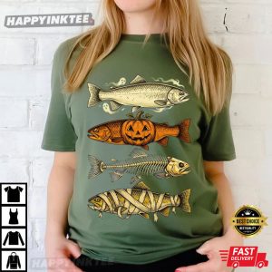 Trout Fish Ghost Pumpkin Skeleton Mummy Halloween Fishing T Shirt (1)