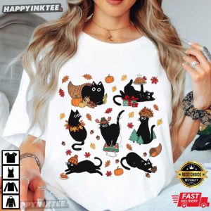Thanksgiving Black Cat Cozy Season Cute Kitty Autumn T Shirt (2)