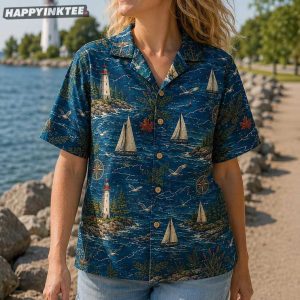 Lake Ontario Lighthouse Sailboat Canada Great Lakes Vacation Hawaiian Shirt (2)