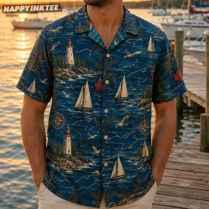 Lake Ontario Lighthouse Sailboat Canada Great Lakes Vacation Hawaiian Shirt (1)