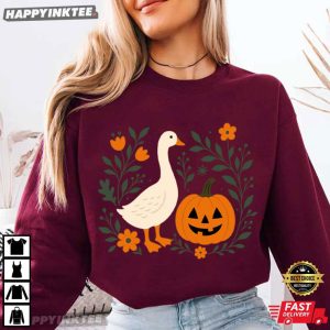 Cute Pumpkin Goose Floral Fall Autumn Halloween T Shirt (3)