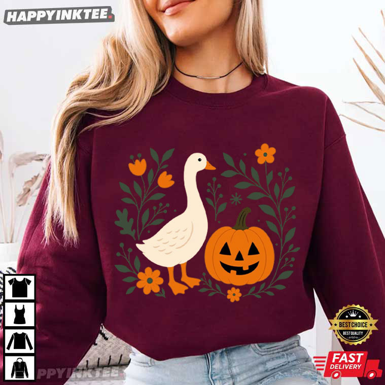 Cute Pumpkin Goose Floral Fall Autumn Halloween T-Shirt Cute Pumpkin Goose Floral Fall Autumn Halloween T-Shirt