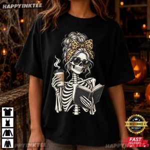 Skeleton Reading Book Coffee Lover Bookish Graphic T Shirt (1)