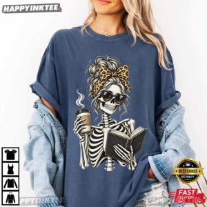 Skeleton Reading Book Coffee Lover Bookish Graphic T Shirt (2)
