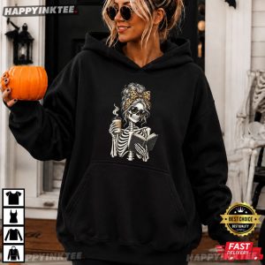 Skeleton Reading Book Coffee Lover Bookish Graphic T Shirt (3)