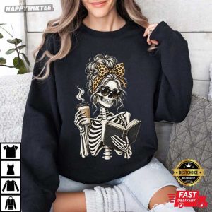 Skeleton Reading Book Coffee Lover Bookish Graphic T Shirt (4)