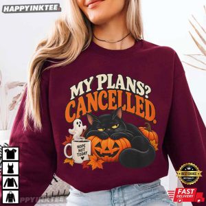 My Plans Cancelled Funny Black Cat Halloween T Shirt (1)