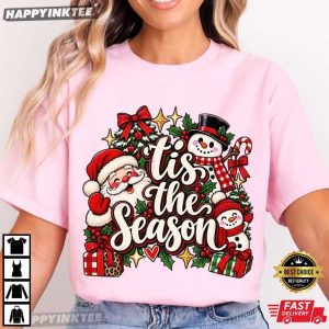 Tis The Season Christmas Santa And Snowman T Shirt (4)
