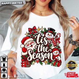 Tis The Season Christmas Santa And Snowman T Shirt (1)