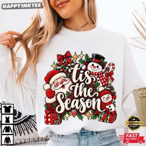 Tis The Season Christmas Santa And Snowman T Shirt (2)