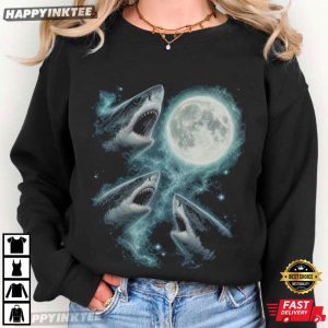 Three White Shark Howling At The Moon Ocean T Shirt (4)
