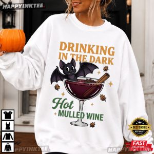 Drinking In The Dark Hot Mulled Wine Bat Halloween T Shirt (1)
