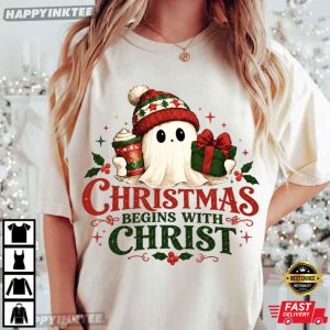Ghost Christmas Begins With Christ Christian Faith Holiday T Shirt (3)