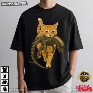 Tabby Cat Carrying Alien Funny Sci Fi Horror Movie T Shirt (2)