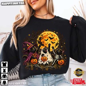 Black Cat Witch Ghost Skeleton Halloween Spooky Season T Shirt (4)