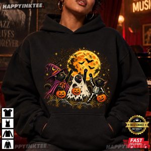 Black Cat Witch Ghost Skeleton Halloween Spooky Season T Shirt (1)