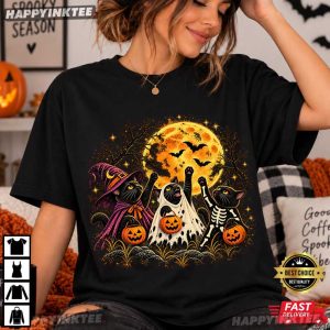 Black Cat Witch Ghost Skeleton Halloween Spooky Season T Shirt (2)