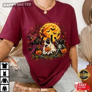 Black Cat Witch Ghost Skeleton Halloween Spooky Season T Shirt (3)
