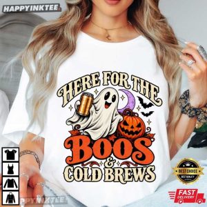 Here For The Boos & Cold Brews Halloween Ghost Pumpkin T Shirt (2)