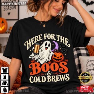 Here For The Boos & Cold Brews Halloween Ghost Pumpkin T Shirt (3)