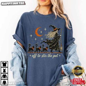 Witch Black Cat Off To Stir The Pot Halloween T Shirt (1)