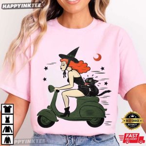 Witchy A Go Go Scooter Black Cat Halloween T Shirt (4)