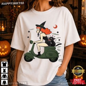 Witchy A Go Go Scooter Black Cat Halloween T Shirt (1)