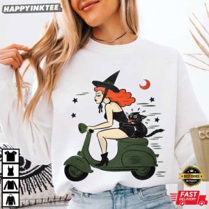 Witchy A Go Go Scooter Black Cat Halloween T Shirt (2)
