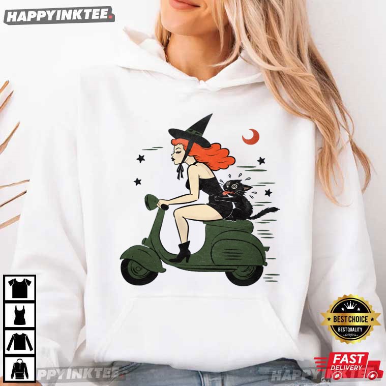 Witchy A-Go-Go Scooter Black Cat Halloween T-Shirt Witchy A-Go-Go Scooter Black Cat Halloween T-Shirt