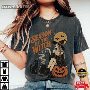 Season Of The Witch Spooky Black Cat Vintage Halloween T Shirt (1)