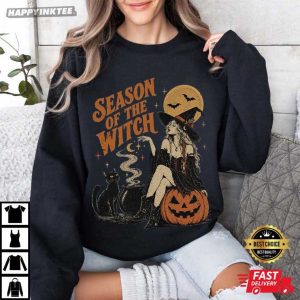 Season Of The Witch Spooky Black Cat Vintage Halloween T Shirt (2)